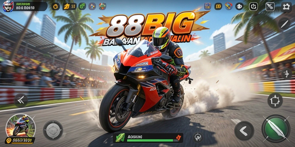 Screenshot 88BIG menampilkan aksi balapan motor yang menegangkan.